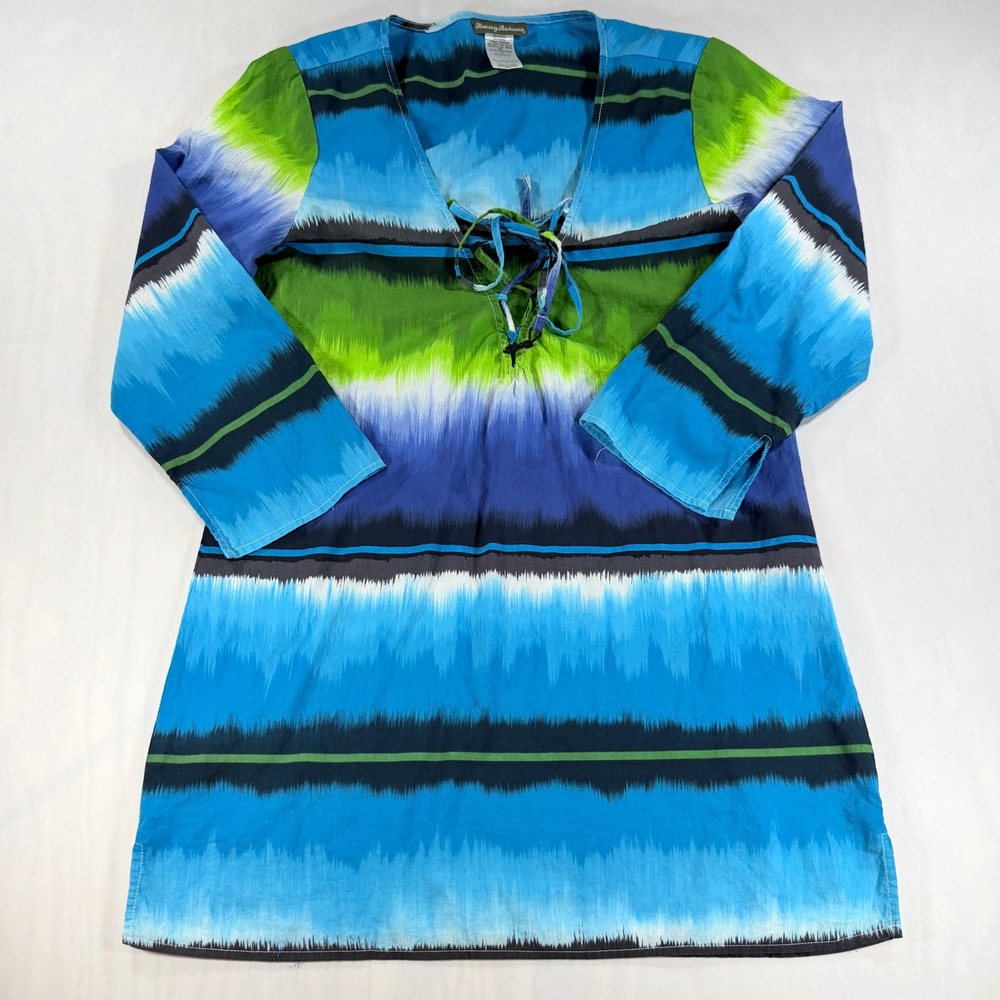 Tommy Bahama Tunic Women S Blue Green Ikat Stripe Lace Up Cotton TSW73025C